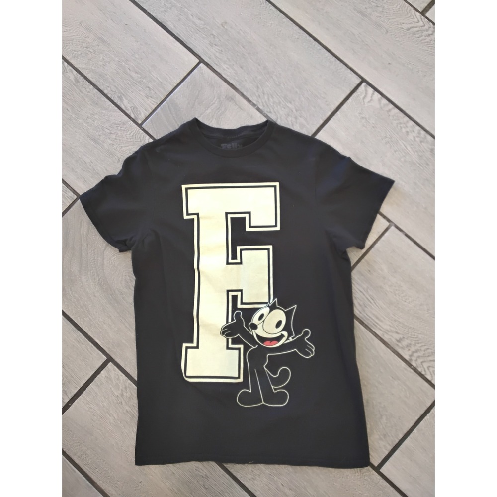 Felix the Cat Graphic T-Shirt Black Varsity F Logo Short Sleeve Cotton Small